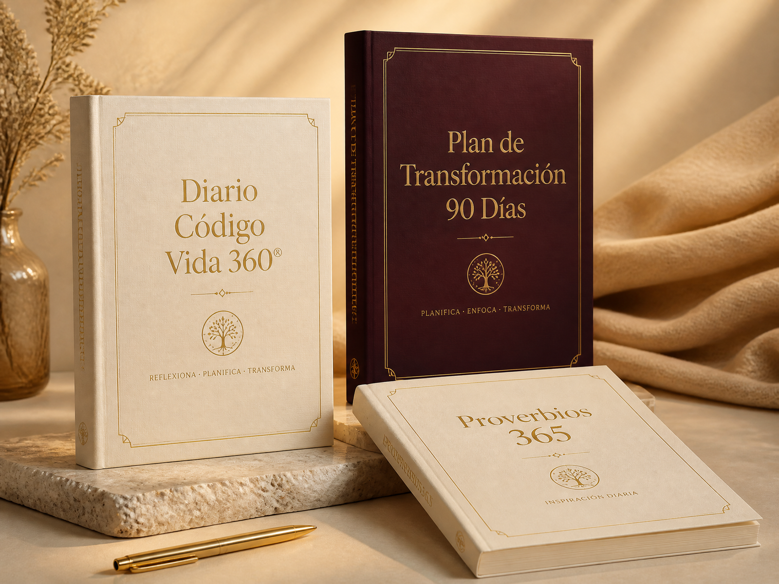 Composición con los tres materiales incluidos: Diario Código Vida 360, Plan de Transformación 90 Días y Proverbios 365