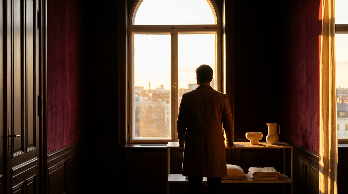 Persona observando una ventana con luz dorada entrando en una habitación en tonos vino