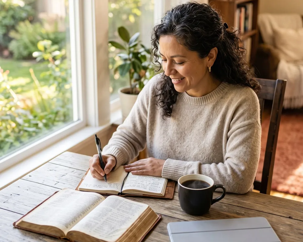 Una mujer sonriente escribiendo en su diario por la mañana, con la Biblia abierta y un café