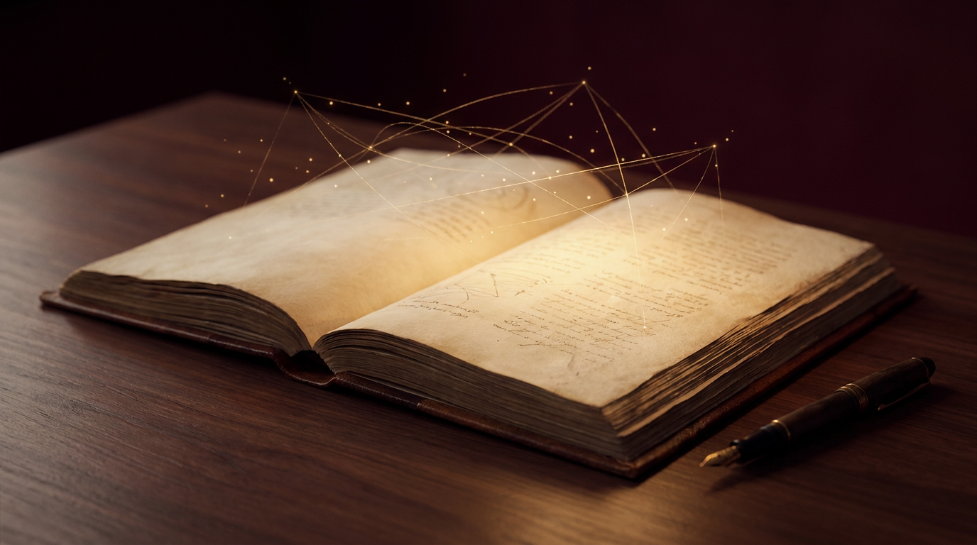 Manuscrito antiguo abierto con líneas doradas que conectan ideas