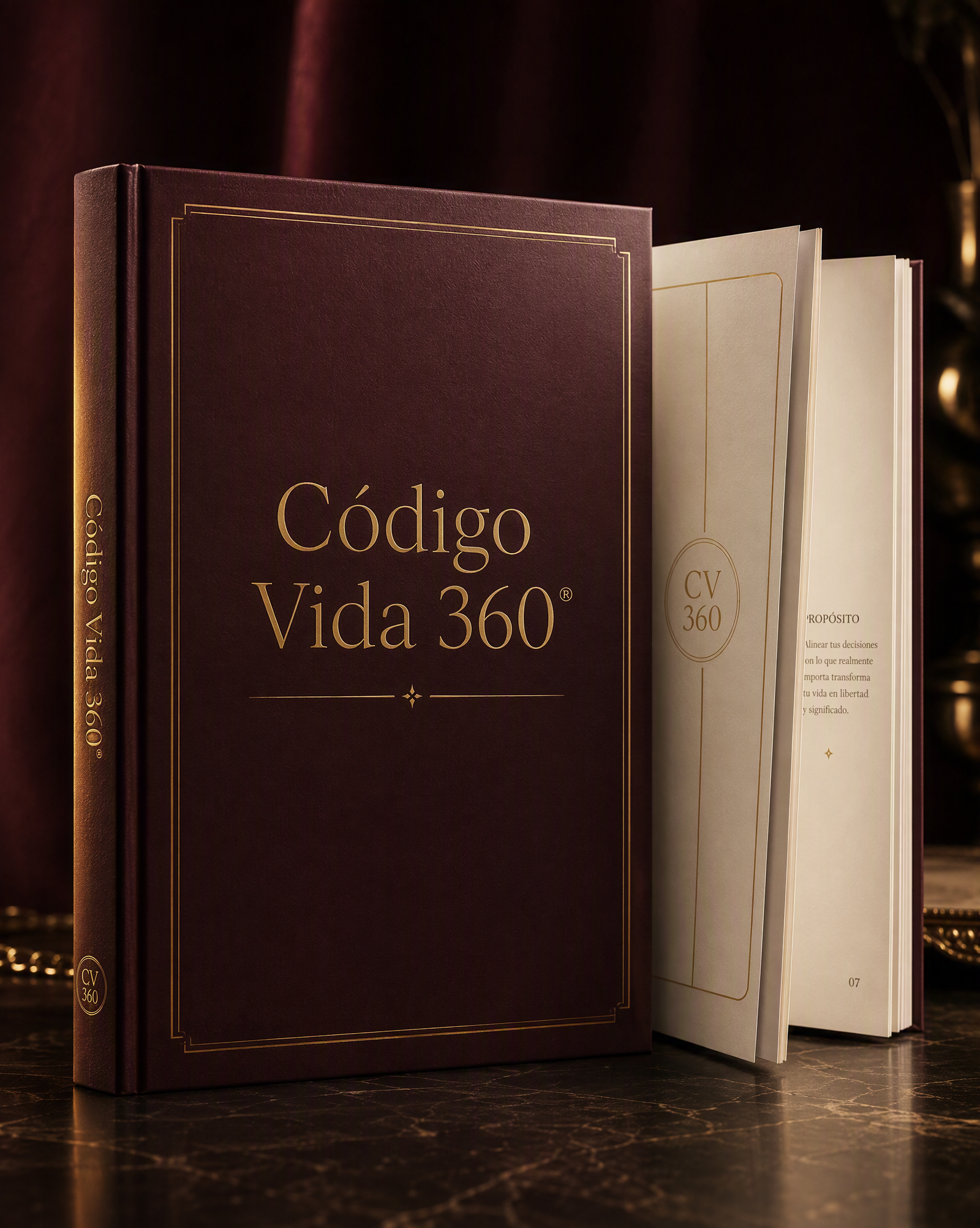 Mockup 3D del libro digital Código Vida 360® con tapa vino y letras doradas